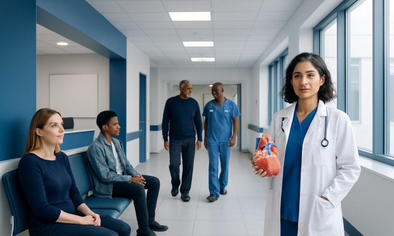 Medical team and patients in a hospital corridor at Acibadem Hospitals Group.