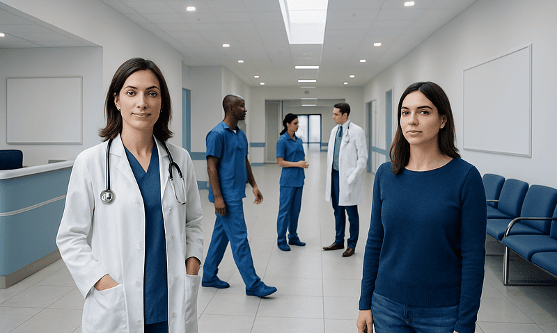 Healthcare professionals in a hospital corridor with a patient.