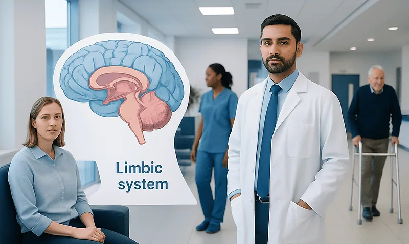 Medical professionals and a patient with a limbic system diagram at Acibadem Hospitals.