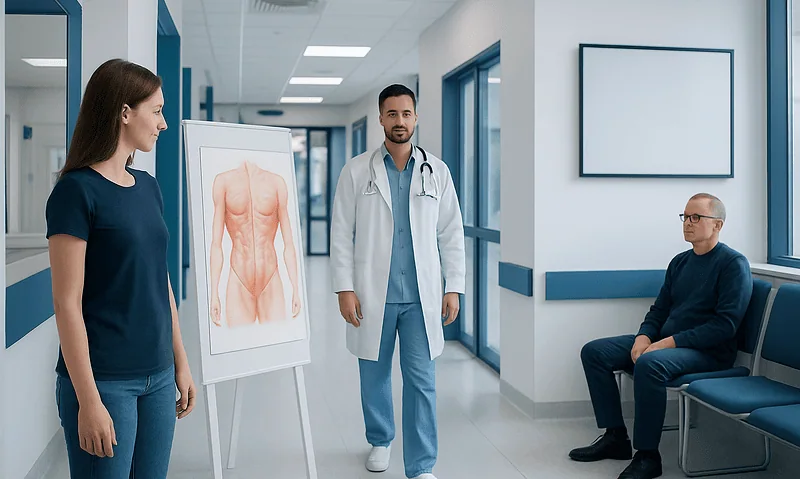 Doctor explaining abdominal anatomy to a patient in a hospital corridor.