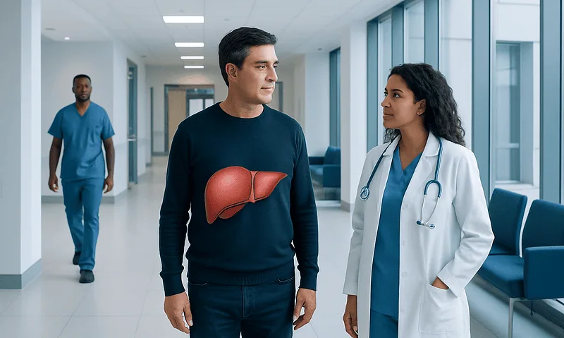 Doctor and patient discussing liver health in hospital corridor.