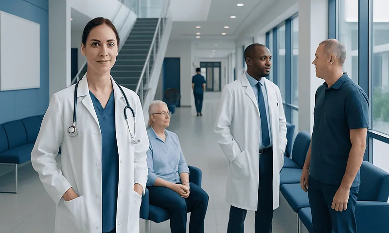 Healthcare professionals and patients in a modern hospital corridor.