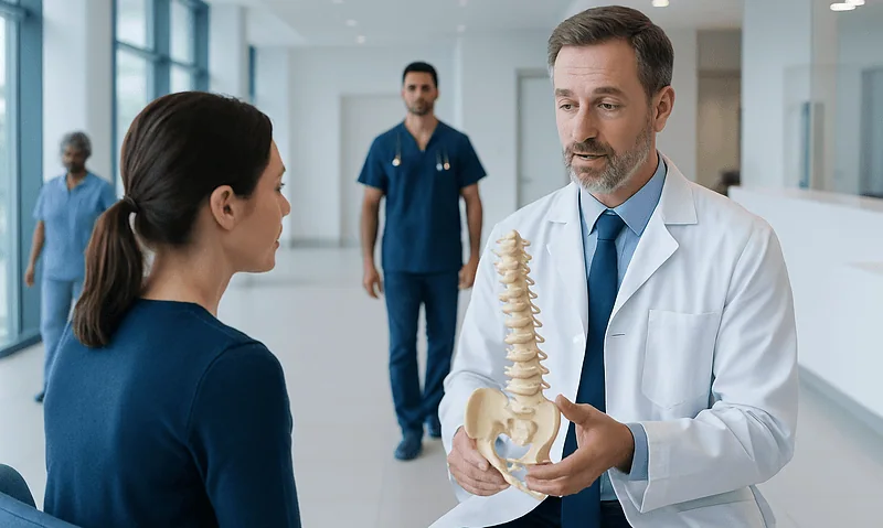 Doctor explaining lumbar spine to patient in hospital setting.