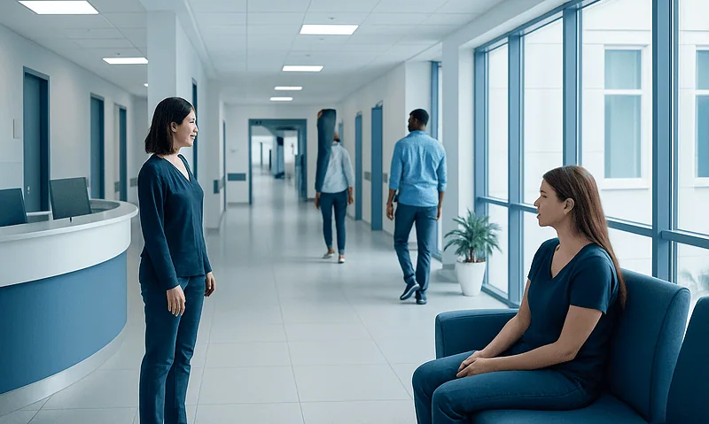Healthcare professionals and patients in a modern hospital corridor.