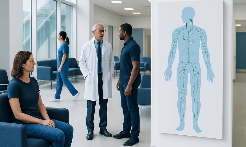 Lymphatic System: A Complete Medical Overview 2 Medical consultation in hospital with lymphatic system diagram in background.