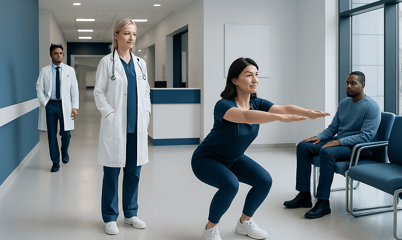 Types of Squats — Explained by Medical Evidence, Not Myths 5 Woman performing squat exercise in hospital corridor with medical staff nearby.