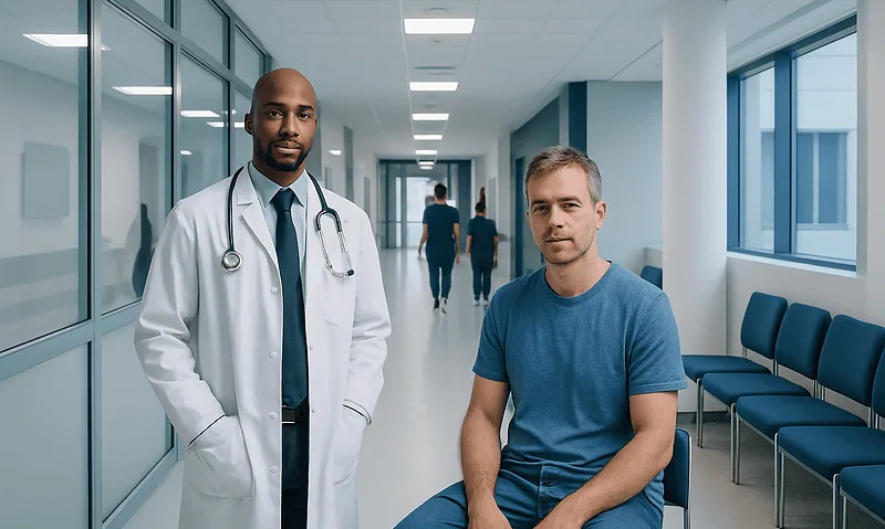 Doctor with patient in hospital corridor at Acibadem Hospitals Group.