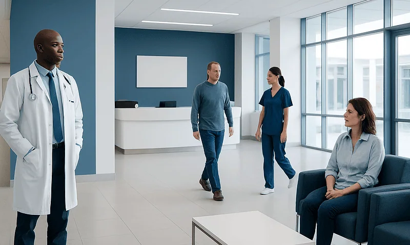 Modern hospital lobby with medical staff and patients in a bright, spacious setting.