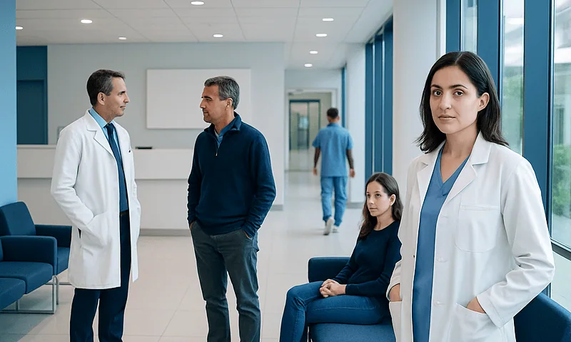 Medical professionals and patient in hospital lobby at Acibadem Hospitals Group.