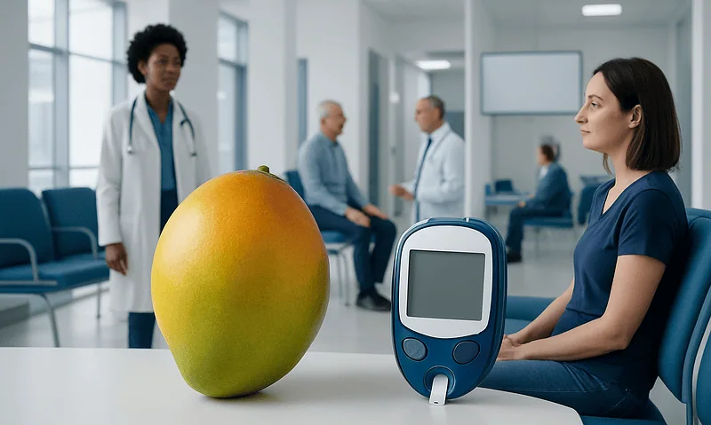Medical consultation with a large mango on the table in a hospital setting.
