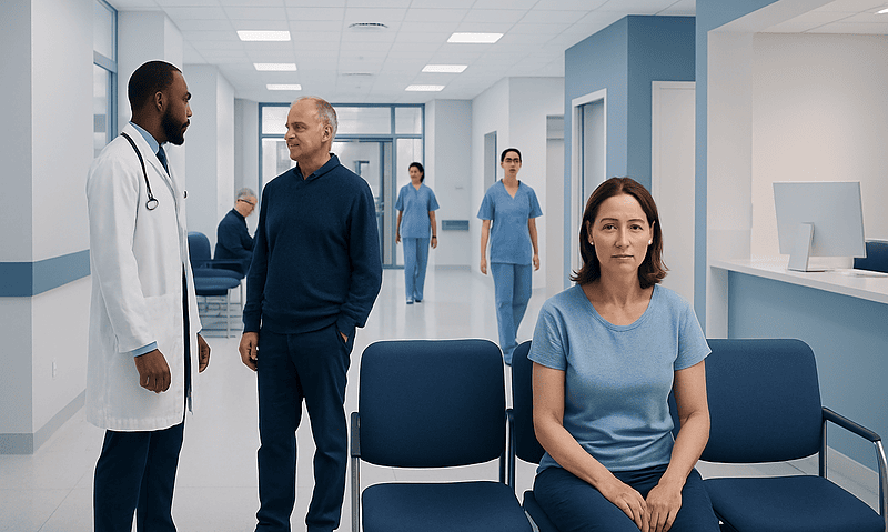 Patient consulting with doctor in hospital corridor with staff in background.