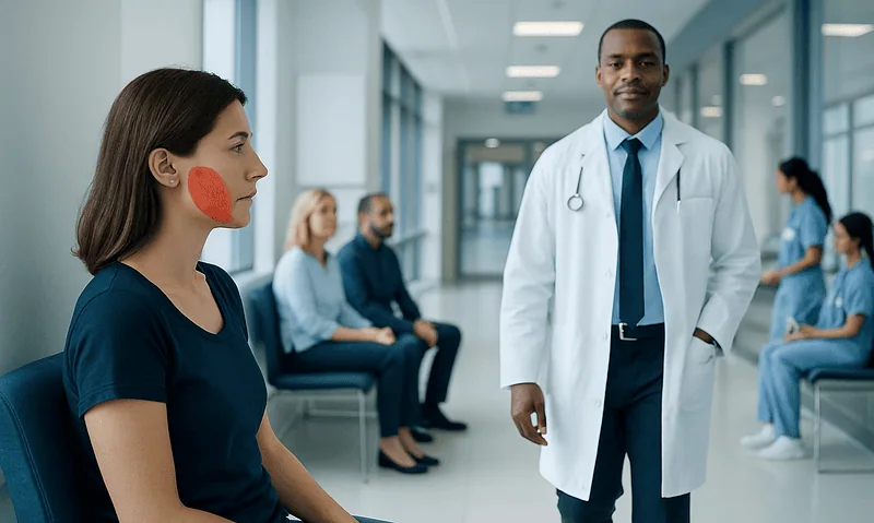 Doctor consulting with patient in hospital corridor with others waiting.
