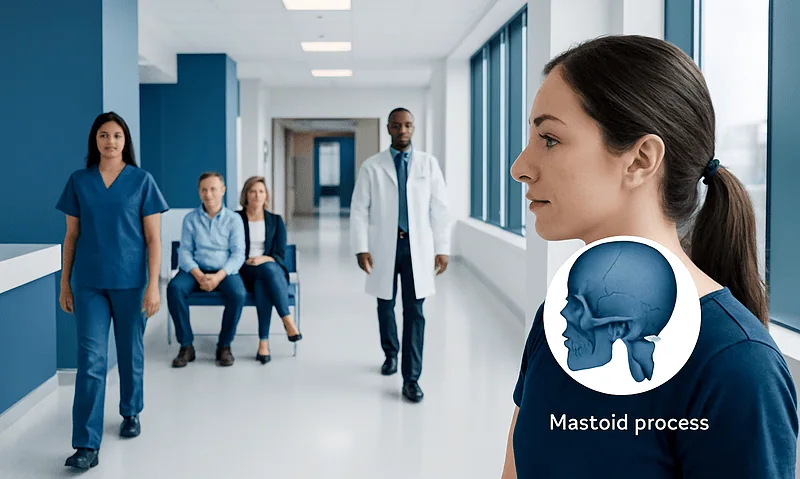 Medical team in hospital corridor with a focus on a nurse holding an image of the mastoid process.