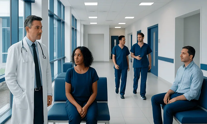 Medical team discussing patient care in hospital corridor.