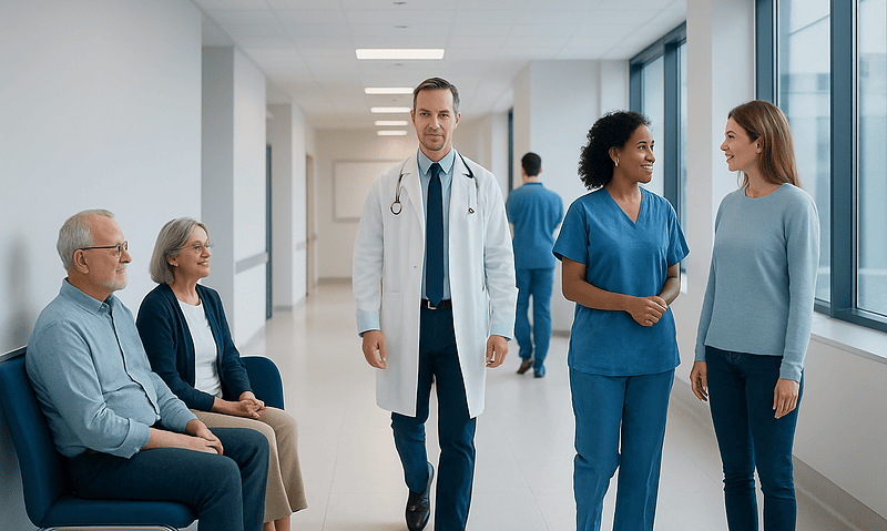 Medical team consulting patients in a hospital corridor at Acibadem Hospitals Group.