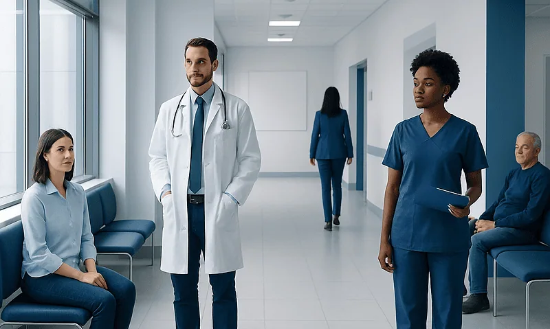 Medical professionals and patients in a hospital corridor at Acibadem Hospitals Group.