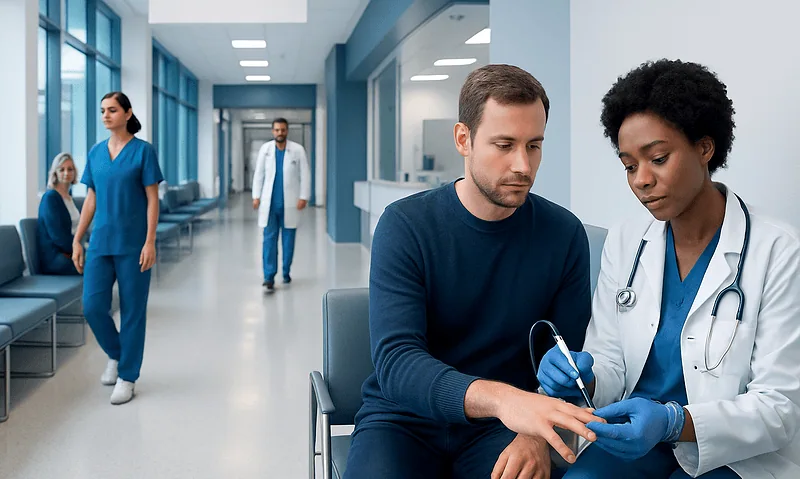 Medical professional administering a vaccination to a patient in a hospital corridor.