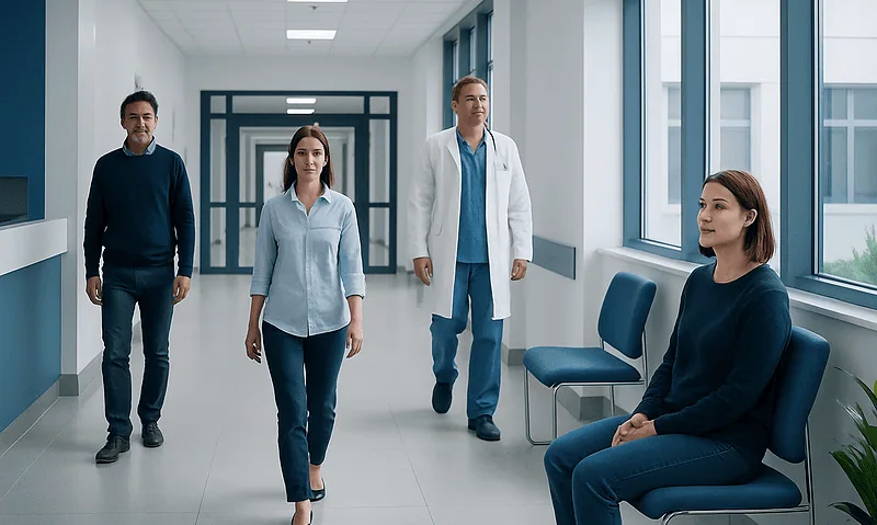 Medical team walking in hospital corridor with patient sitting nearby.