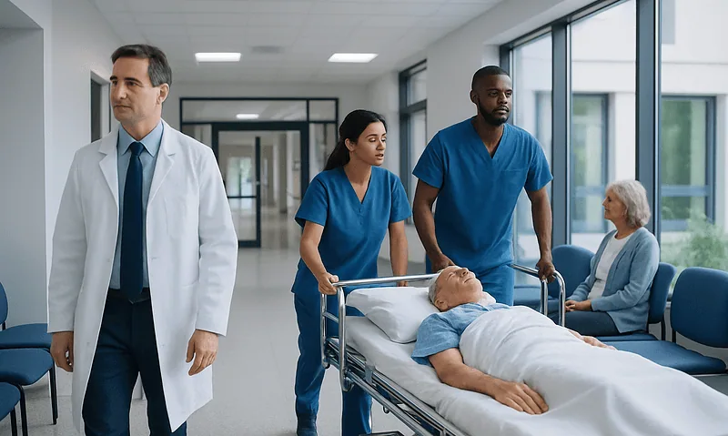 Medical team prepares stroke patient for treatment in hospital corridor.