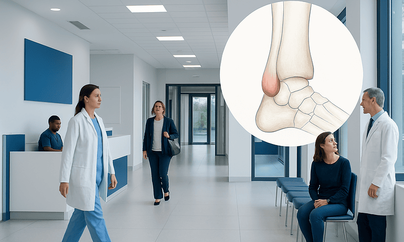 Medical consultation in hospital corridor with ankle anatomy illustration.