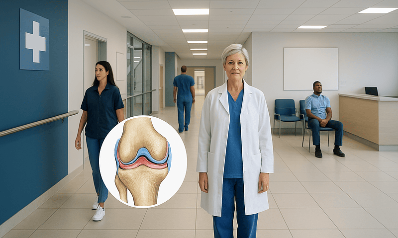 Medical staff in hospital corridor with knee joint illustration.