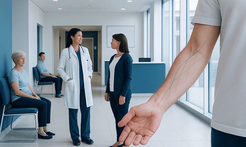 Medical consultation in hospital with doctor and patient, IV line visible.