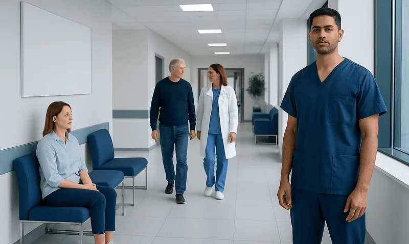 Healthcare professionals and patient in a hospital corridor.