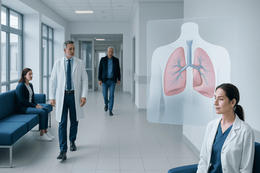 Mediastinum — Explained by Medical Evidence, Not Myths 1 Doctors and patient in hospital corridor with lung diagram display.