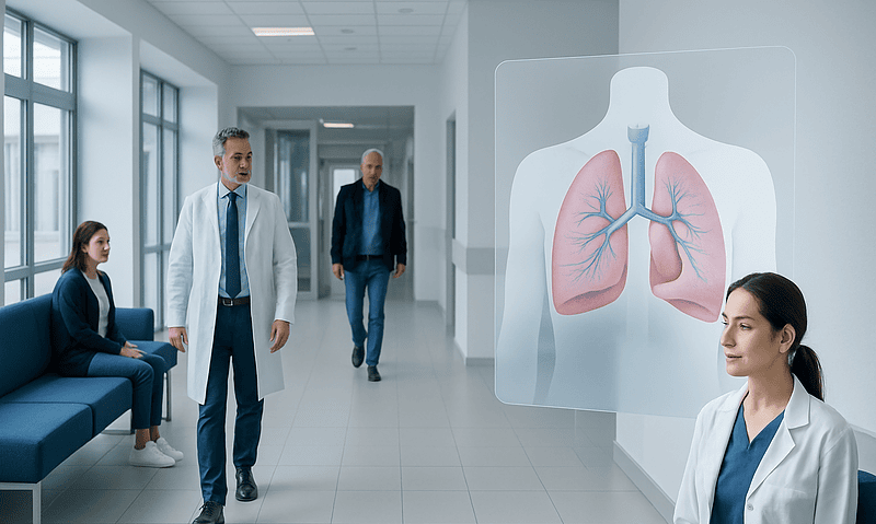 Doctors and patient in hospital corridor with lung diagram display.