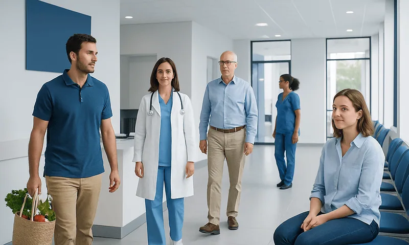 Healthcare professionals and patient in hospital corridor at Acibadem Hospitals Group.