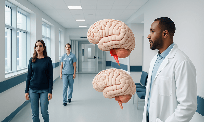 Doctor explaining brain anatomy to patients in hospital corridor.
