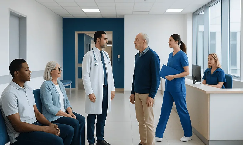 Medical team consulting with patient in modern hospital corridor.
