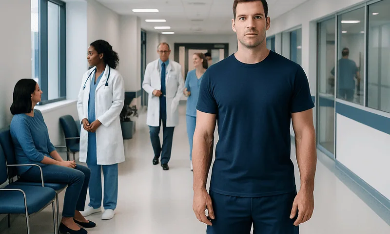 Young male patient in hospital corridor with medical staff and waiting patients.