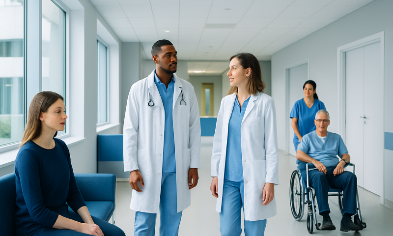 Medical team consulting with patient in hospital corridor.