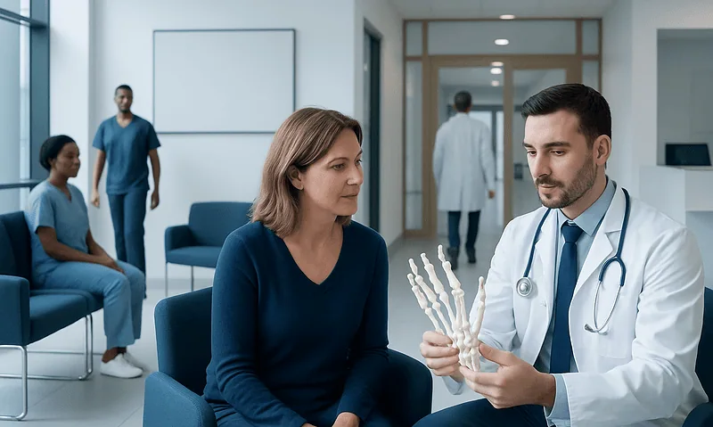Doctor explaining hand X-ray to a patient in a hospital setting.