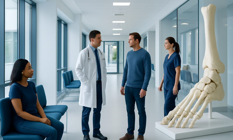 Medical consultation about foot health with a foot skeleton model in hospital corridor.