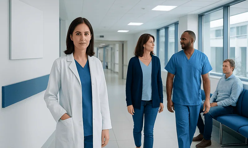 Medical professionals in hospital corridor with a doctor in white coat.
