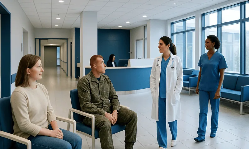 Medical consultation in a hospital waiting area with healthcare professionals and patients.
