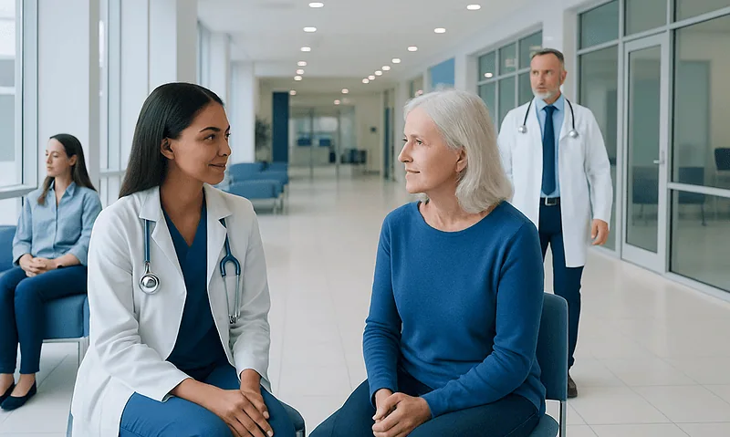 Mind Diet: Evidence-Based Benefits, Risks, and Practical Guidance 9 Doctor consulting with elderly patient in hospital corridor.