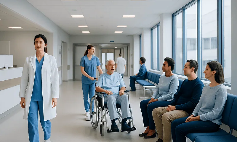 Hospital waiting area with medical staff and patients, including a man in a wheelchair.