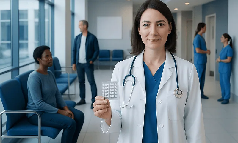 Female doctor holding birth control pills in hospital setting.