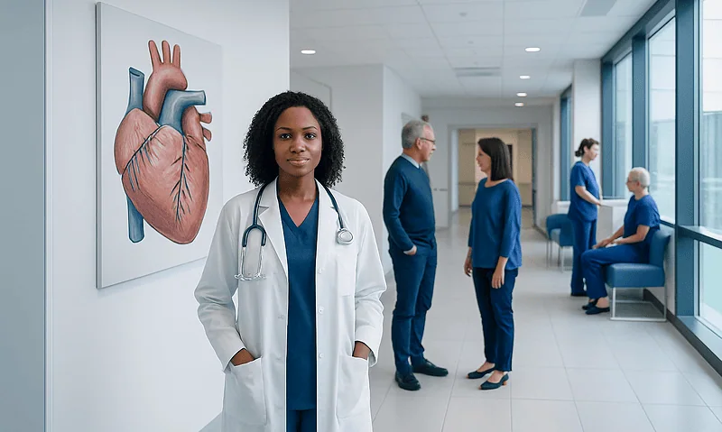 Healthcare professionals in a hospital corridor with a heart illustration.