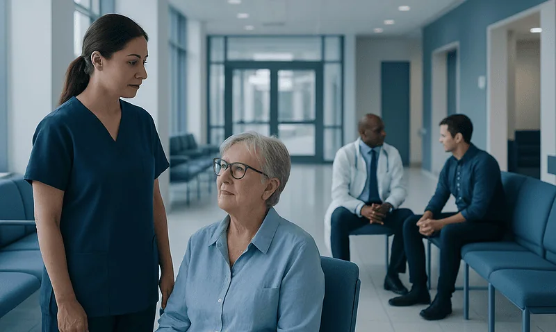 Healthcare professional consulting elderly patient in hospital corridor.