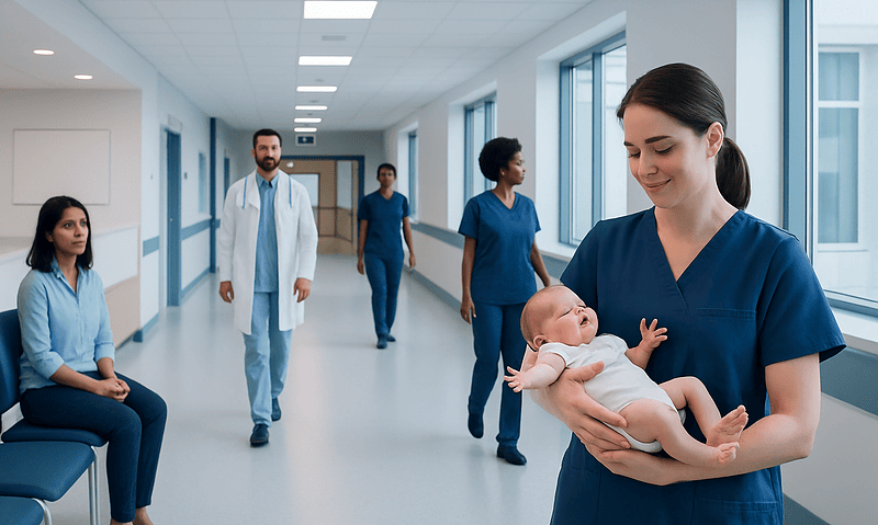 Nurse holding a newborn baby in a hospital corridor with medical staff in background.