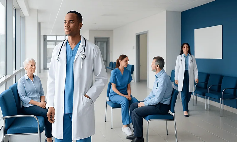 Medical team and patients in a hospital waiting area.