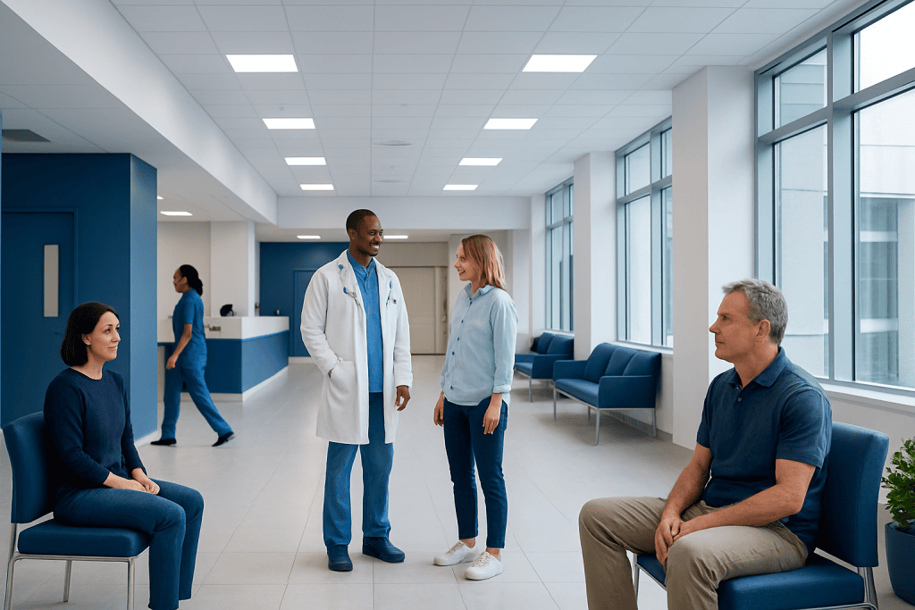 Mp Joint: A Complete Medical Overview 1 Patients and doctor in a modern hospital waiting area at Acibadem Hospitals Group.