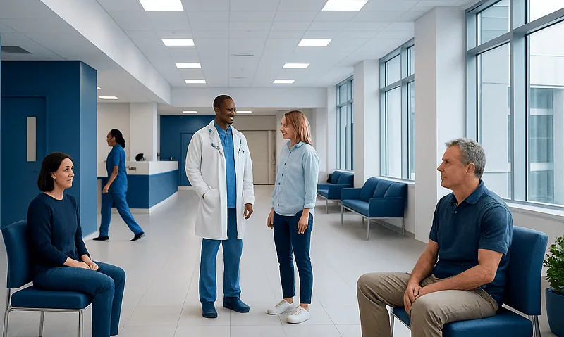 Patients and doctor in a modern hospital waiting area at Acibadem Hospitals Group.