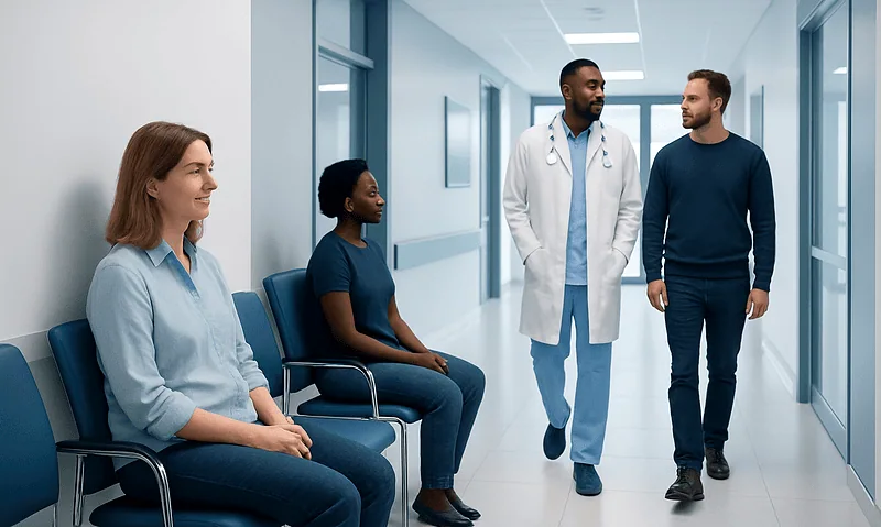 MPV Blood Test: Normal Ranges, High and Low Results Explained 6 Diverse group of patients and doctor in hospital corridor.