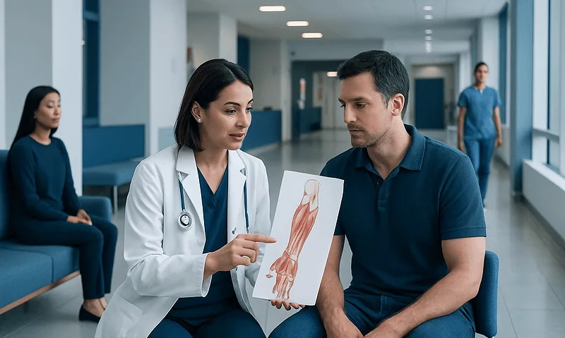 Doctor explaining lower arm muscles to patient in hospital corridor.