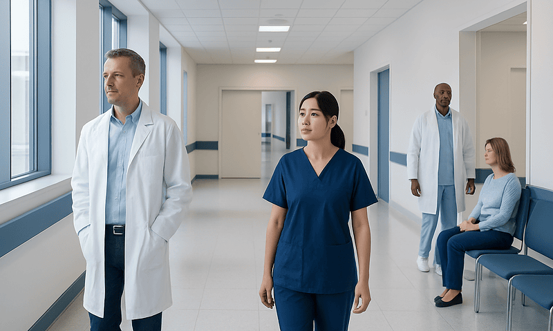 Medical professionals walking in hospital corridor with patient sitting nearby.